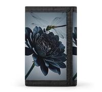 RLDOBOFE Trifold Black Flowers And Dragonfly Wallet Minimalist Slim Mens Wallet with Zipper & Key Ring Polyester Stylish Wallets 8 Multiple Credit Card Holder for Daily Use Work Travel