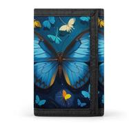 RLDOBOFE Trifold Blue Butterfly Pattern Wallet Minimalist Slim Mens Wallet with Zipper & Key Ring Polyester Stylish Wallets 8 Multiple Credit Card Holder for Daily Use Work Travel