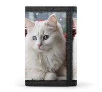 RLDOBOFE Trifold Cute White Cat Wallet Minimalist Slim Mens Wallet with Zipper & Key Ring Polyester Stylish Wallets 8 Multiple Credit Card Holder for Daily Use Work Travel