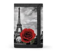 RLDOBOFE Trifold Eiffel Tower Red Rose Wallet Minimalist Slim Mens Wallet with Zipper & Key Ring Polyester Stylish Wallets 8 Multiple Credit Card Holder for Daily Use Work Travel