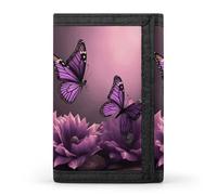RLDOBOFE Trifold Flowers And Purple Butterfly Wallet Minimalist Slim Mens Wallet with Zipper & Key Ring Polyester Stylish Wallets 8 Multiple Credit Card Holder for Daily Use Work Travel
