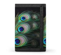 RLDOBOFE Trifold Green Peacock Feather Wallet Minimalist Slim Mens Wallet with Zipper & Key Ring Polyester Stylish Wallets 8 Multiple Credit Card Holder for Daily Use Work Travel