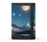 RLDOBOFE Trifold Nightsky Hanging Moon Wallet Minimalist Slim Mens Wallet with Zipper & Key Ring Polyester Stylish Wallets 8 Multiple Credit Card Holder for Daily Use Work Travel