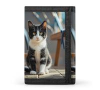 RLDOBOFE Trifold White And Black Kitten Sitting Wallet Minimalist Slim Mens Wallet with Zipper & Key Ring Polyester Stylish Wallets 8 Multiple Credit Card Holder for Daily Use Work Travel