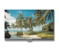 RLDOBOFE Tropical Coconut Trees Beach Business Card Holder, Slim Aluminum Alloy Card Case, Pocket Name Card Organizer Holder Wallet for Woman, Man, Pocket Or Bag Storage, Office Workers