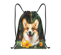 RLDOBOFE Tropical Flower and Corgi Drawstring Backpack Sports Gym Sackpack Waterproof Swim Bag Men Women Draw String Bag, Black, M