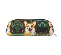 RLDOBOFE Tropical Flower And Corgi Pencil Pouch Leather,Small Pen Bags With Zipper For Pencils,Pens,Markers,Makeups,Change,Coins