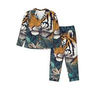 RLDOBOFE Tropical tiger Womens Pajamas Set 2 Piece Long Sleeve Sleepwear Fashion Button Down Soft Pjs Lounge Set Black