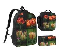 RLDOBOFE Tulips in the Garden Backpack Set 3 PCS - 17 Inch Laptop Backpack with Lunch Bag, Waterproof Daypack Insulated Lunch Box Large Capacity Coin Pouch Personalized Gift