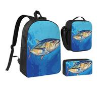 RLDOBOFE Tuna Painting Backpack Set 3 PCS - 17 Inch Laptop Backpack with Lunch Bag, Waterproof Daypack Insulated Lunch Box Large Capacity Coin Pouch Personalized Gift