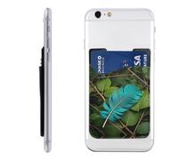 RLDOBOFE Turquoise Feather Pattern Phone Wallet, Stick On Card Holder for Back of Phone Case - Leather Cell Phone Card Wallet Sleeve Adhesive Phone Pocket - Compatible with Most Cell Phones