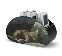 RLDOBOFE TV Stand with 5 Compartments Cat on Sofa Storage PU Leather Media Player Makeup Brush Pencil Glasses Office Supplies