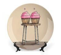 RLDOBOFE Two Cartoon Cupcakes Decorative Plate Ceramic Display Plate with Stand Salad Plates Colorful Porcelain Dinner Dishes Dessert Appetizer Dishes for Kitchen Party Table Decor 8inch