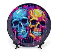 RLDOBOFE Two Different Skulls Decorative Plate Ceramic Display Plate with Stand Salad Plates Colorful Porcelain Dinner Dishes Dessert Appetizer Dishes for Kitchen Party Table Decor 8inch