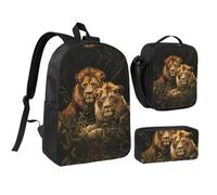RLDOBOFE Two Lions Backpack Set 3 PCS - 17 Inch Laptop Backpack with Lunch Bag, Waterproof Daypack Insulated Lunch Box Large Capacity Coin Pouch Personalized Gift