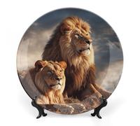 RLDOBOFE Two Lions Decorative Plate Ceramic Display Plate with Stand Salad Plates Colorful Porcelain Dinner Dishes Dessert Appetizer Dishes for Kitchen Party Table Decor 10inch