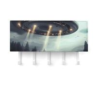 RLDOBOFE UFO Landing Key Holder Wall Mount, Adhesive Key Rail Rack Hanger Holder White with 5 Hooks, No Drill, Keys Chain Organizer for Living Room, Front Door, Hallway, Office