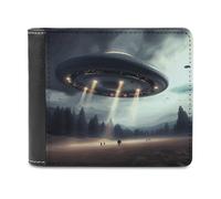 RLDOBOFE UFO Landing Wallet Passcase for Men, Extra Capacity Bifold Leather Wallets with ID Windows, Slim Stylish Wallet for Gift, Blocking Money Clip for Cards, Coin Pouch