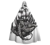 RLDOBOFE Unisex Full Length Halloween Hooded Cloak Black and White Octopus and Ship Hooded Robe Witch Cape for Halloween Cosplay Costume