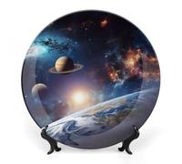 RLDOBOFE Universe Galaxy Outer Space Decorative Plate Ceramic Display Plate with Stand Salad Plates Colorful Porcelain Dinner Dishes Dessert Appetizer Dishes for Kitchen Party Table Decor 8inch