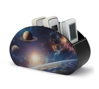 RLDOBOFE Universe Galaxy Outer Space Remote Control Organizer PU Leather Storage 5 Compartment Controller Holder Multi-functional Brush Organizer Box Office Supplies Caddy for Bedside