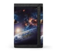 RLDOBOFE Universe Galaxy Trifold Wallet Minimalist Mens Wallet with Key Hook 8 Card Slots Modern Stylish Polyester Security Wallets Fashion Slim Credit Card Holder Id Window