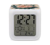 RLDOBOFE Vintage Peony Flowers Digital Alarm Clock with 7 Color Changing Wake Up Night Light with LED Temperature Date Display Battery Operated Gifts Room Decor for Home Bedroom