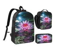 RLDOBOFE Water Lily Light and Shadow Backpack Set 3 PCS - 17 Inch Laptop Backpack with Lunch Bag, Waterproof Daypack Insulated Lunch Box Large Capacity Coin Pouch Personalized Gift