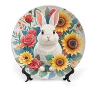 RLDOBOFE Watercolor Rabbit And Flowers Decorative Plate Ceramic Display Plate with Stand Salad Plates Colorful Porcelain Dinner Dishes Dessert Appetizer Dishes for Kitchen Party Table Decor 7inch