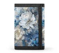 RLDOBOFE White Flowers Trifold Wallet Minimalist Mens Wallet with Key Hook 8 Card Slots Modern Stylish Polyester Security Wallets Fashion Slim Credit Card Holder Id Window