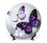 RLDOBOFE White Purple Butterflies Decorative Plate Ceramic Display Plate with Stand Salad Plates Colorful Porcelain Dinner Dishes Dessert Appetizer Dishes for Kitchen Party Table Decor 8inch