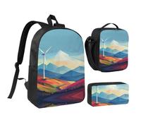 RLDOBOFE Windmill Flat Illustration Backpack Set 3 PCS - 17 Inch Laptop Backpack with Lunch Bag, Waterproof Daypack Insulated Lunch Box Large Capacity Coin Pouch Personalized Gift