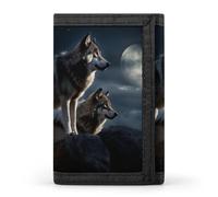 RLDOBOFE Wolves Moonlight Trifold Wallet Minimalist Mens Wallet with Key Hook 8 Card Slots Modern Stylish Polyester Security Wallets Fashion Slim Credit Card Holder Id Window