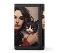RLDOBOFE Woman Holding A Cat Trifold Wallet Minimalist Mens Wallet with Key Hook 8 Card Slots Modern Stylish Polyester Security Wallets Fashion Slim Credit Card Holder Id Window