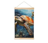 RLDOBOFE Wooden Shaft Hanging Poster Turtle Swimming in the Sea Wall Art Prints Canvas Paintings with Wood Frames Vintage Wall Banner Modern Artwork for Home Decor Tapestry Ready to Hang