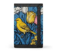 RLDOBOFE Yellow Bird And Flowers Trifold Wallet Minimalist Mens Wallet with Key Hook 8 Card Slots Modern Stylish Polyester Security Wallets Fashion Slim Credit Card Holder Id Window