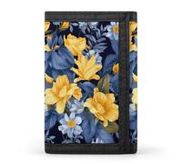 RLDOBOFE Yellow Floral Trifold Wallet Minimalist Mens Wallet with Key Hook 8 Card Slots Modern Stylish Polyester Security Wallets Fashion Slim Credit Card Holder Id Window