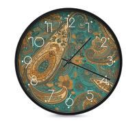 RLDOBOFE Yellow Paisley Pattern Wall Clock for Home, Battery Operated Silent Clock for Office, Fashionable Round Wall Clocks with Arabic Numerals for Kitchen, Living Room, 9.8inch White