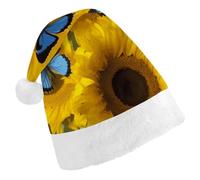 RLDOBOFE Yellow Sunflowers with Blue Butterflies Christmas Hat Classic Santa Claus Hat with Plush Trim for New Year Xmas Party Supply