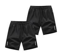 RLEHJN 2 Pack Gym Shorts Men Zip Pocket Summer Casual Outdoor Running Sports Elasticated Waist Short Pants Quick Dry Athletic Workout Training Shorts for Walking, Beach, Hiking & Camping M-5XL Black