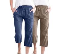 RLEHJN 2 Pack Three Quarter Length Trousers Women, Ladies Cropped Cotton Linen Trousers Summer Capri Pants Plain 3/4 Trousers Casual Lounge Pants Elasticated Waist Bottoms with Pockets S-3XL
