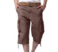 RLEHJN 3/4 Length Cargo Shorts Men UK Sale Clearance, Mens Summer Shorts Elasticated Waist Casual Lightweight Cropped Trousers Solid Color Drawstring Three Quarter Pants with Multi Pockets Coffee