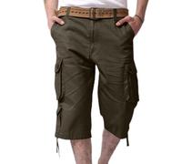 RLEHJN 3/4 Length Cargo Shorts Men UK Sale Clearance, Mens Summer Shorts Elasticated Waist Casual Lightweight Cropped Trousers Solid Color Drawstring Three Quarter Pants with Multi Pockets Army Green