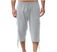 RLEHJN 3/4 Length Cotton Linen Shorts Men UK Clearance, Mens Summer Shorts Elasticated Waist Casual Lightweight Cropped Trousers Solid Color Drawstring Three Quarter Pants with Pockets M-XXL