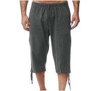 RLEHJN 3/4 Length Cotton Linen Shorts Men UK Sale Clearance, Mens Summer Shorts Elasticated Waist Casual Lightweight Cropped Trousers Solid Color Drawstring Three Quarter Pants with Pockets M-XXL