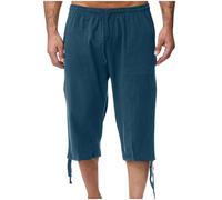 RLEHJN 3/4 Length Cotton Linen Shorts Men UK Sale Clearance, Mens Summer Shorts Elasticated Waist Casual Lightweight Cropped Trousers Solid Color Drawstring Three Quarter Pants with Pockets M-XXL