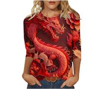 RLEHJN 3/4 Sleeve Tops for Women UK Sale Clearance Chinese Dragon Printed T Shirts Casual Round Neck Tunic Tops Pullover Summer Outdoor Tshirts Loose Basic Tees Ladies Blouses Elegant Size 8-16