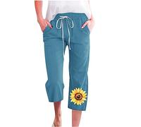RLEHJN 3/4 Trousers for Women UK Cropped Cotton Linen Trousers Hearts Floral Print Three Quarter Length Capri Pants Summer Loose Lounge Pants Drawstring Elasticated Waist Bottoms with Pockets S-3XL