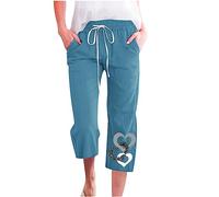RLEHJN 3/4 Trousers for Women UK Cropped Cotton Linen Trousers Hearts Floral Print Three Quarter Length Capri Pants Summer Loose Lounge Pants Drawstring Elasticated Waist Bottoms with Pockets S-3XL