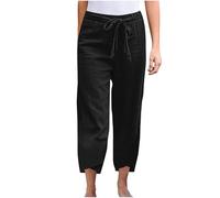 RLEHJN Black Linen Trousers Women's Offers of The Day Summer Cotton Cropped Trousers Elasticated Waist Solid Color Lounge Capri Pants Plain Casual Straight Leg Bottoms with Pockets and Drawstring